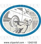 Vector Clip Art of Retro Car Mechanic Working on Tires in a Garage by Patrimonio
