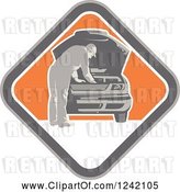 Vector Clip Art of Retro Car Mechanic Working Under the Hood in a Diamond by Patrimonio