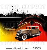 Vector Clip Art of Retro Car on a Gradient Halftone Background with Waves and Splatters by
