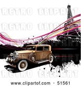 Vector Clip Art of Retro Car Speeding past the Eiffel Tower, with Pink Waves by