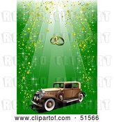 Vector Clip Art of Retro Car with Gold Confetti on Green, Under Wedding Rings by