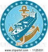 Vector Clip Art of Retro Cargo Ship and Anchor in a Blue Circle of Stars by Patrimonio