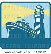 Vector Clip Art of Retro Cargo Ship and with Lighthouse with Beacon Lights Square Icon by Patrimonio