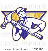 Vector Clip Art of Retro Carpenter Carrying a Large Hammer over a Ray Triangle by Patrimonio