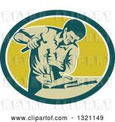 Vector Clip Art of Retro Carpenter Chiseling in a Teal White and Green Oval by Patrimonio