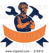 Vector Clip Art of Retro Carpenter over a Crossed Hammer, Wrench and Orange Banner by Patrimonio