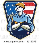 Vector Clip Art of Retro Carpenter Worker with Folded Arms over an American Shield by Patrimonio