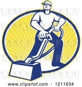 Vector Clip Art of Retro Carpet Cleaner Guy with a Vacuum over an Oval of Sunshine by Patrimonio