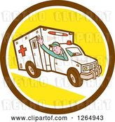 Vector Clip Art of Retro Cartoon Ambulance Driver Waving in a Brown White and Yellow Circle by Patrimonio