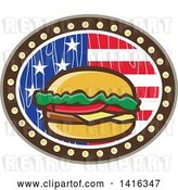 Vector Clip Art of Retro Cartoon American Cheeseburger in a Wood Textured American Flag Oval by Patrimonio