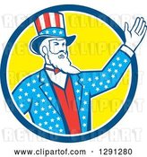 Vector Clip Art of Retro Cartoon American Uncle Sam Waving in a Blue White and Yellow Circle by Patrimonio
