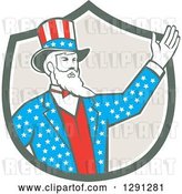 Vector Clip Art of Retro Cartoon American Uncle Sam Waving in a Shield by Patrimonio