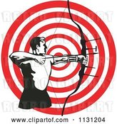 Vector Clip Art of Retro Cartoon Archer Guy Shooting an Arrow over a Target by Patrimonio