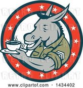 Vector Clip Art of Retro Cartoon Army Sergeant Donkey Holding a Cup of Coffee on a Saucer in a Circle of Stars by Patrimonio