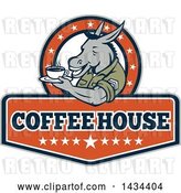 Vector Clip Art of Retro Cartoon Army Sergeant Donkey Holding a Cup of Coffee on a Saucer in a Circle of Stars over Text by Patrimonio