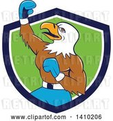 Vector Clip Art of Retro Cartoon Bald Eagle Guy Boxer Pumping His Fist in a Blue White and Green Shield by Patrimonio