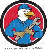 Vector Clip Art of Retro Cartoon Bald Eagle Mechanic Guy Holding a Spanner Wrench in a Black White and Red Circle by Patrimonio
