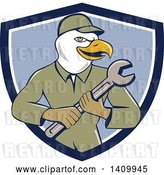 Vector Clip Art of Retro Cartoon Bald Eagle Mechanic Guy Holding a Spanner Wrench in a Blue and White Shield by Patrimonio