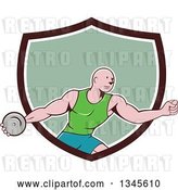 Vector Clip Art of Retro Cartoon Bald Male Athlete Throwing a Discus, Emerging from a Brown White and Green Shield by Patrimonio