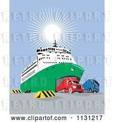 Vector Clip Art of Retro Cartoon Big Rigs Driving out from a Ship by Patrimonio