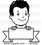 Vector Clip Art of Retro Cartoon Black Boy Smiling over a Blank Ribbon Banner by Cory Thoman
