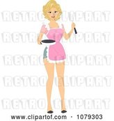 Vector Clip Art of Retro Cartoon Blond Pinup Housewife Cooking Breakfast in a Pink Apron by BNP Design Studio