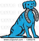 Vector Clip Art of Retro Cartoon Blue Dog Sitting with a Horseshoe in His Mouth by Patrimonio