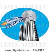 Vector Clip Art of Retro Cartoon Blue Space Rocket with Skyscrapers and a Full Moon by Patrimonio