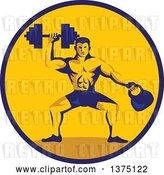 Vector Clip Art of Retro Cartoon Bodybuilder Lifting a Dumbbell and Holding a Kettlebell in a Blue and Orange Circle by Patrimonio