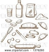 Vector Clip Art of Retro Cartoon Brown Sketched Dough, Milk, Butter, Eggs, Flour and Kitchen Utensils by Vector Tradition SM
