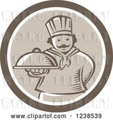 Vector Clip Art of Retro Cartoon Brown Woodcut Chef Holding out a Cloche Platter in a Circle by Patrimonio