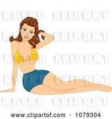 Vector Clip Art of Retro Cartoon Brunette Pinup Lady in Shorts and a Bikini Top by BNP Design Studio