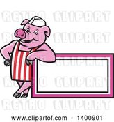 Vector Clip Art of Retro Cartoon Butcher Pig Leaning on a Blank Sign by Patrimonio