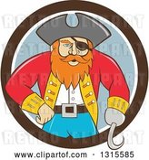 Vector Clip Art of Retro Cartoon Captain Pirate with a Peg Leg and Hook Hand, Emerging from a Brown White and Gray Circle by Patrimonio