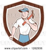 Vector Clip Art of Retro Cartoon Carpenter with a Hammer in a Brown and White Shield by Patrimonio
