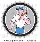 Vector Clip Art of Retro Cartoon Carpenter with a Hammer in a Gray White and Black Circle by Patrimonio