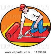 Vector Clip Art of Retro Cartoon Carpet Layer Worker in an Oval by Patrimonio