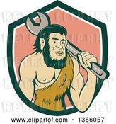 Vector Clip Art of Retro Cartoon Caveman Mechanic Holding a Giant Spanner Wrench over His Shoulder in a Shield by Patrimonio