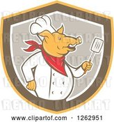 Vector Clip Art of Retro Cartoon Chef Pig Holding a Spatula in a Yellow Brown and Taupe Shield by Patrimonio