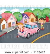 Vector Clip Art of Retro Cartoon Children with a Pink Slug Bug Car by
