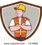 Vector Clip Art of Retro Cartoon Construction Worker Holding a Hammer in Folded Arms in a Shield by Patrimonio