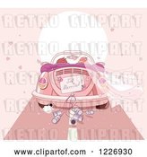 Vector Clip Art of Retro Cartoon Couple Driving Away in a Pink VW Slug Bug Wedding Car with a Just Married Sign by Pushkin