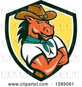 Vector Clip Art of Retro Cartoon Cowboy Sheriff Horse Guy with Folded Arms in a Black White and Yellow Shield by Patrimonio