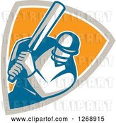 Vector Clip Art of Retro Cartoon Cricket Batsman Player in a Taupe White and Orange Shield by Patrimonio