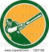Vector Clip Art of Retro Cartoon Cricket Batsman Player Swinging in a Blue White and Yellow Circle by Patrimonio