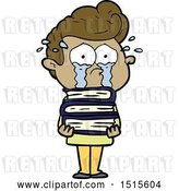 Vector Clip Art of Retro Cartoon Crying Student with Stack of Books by Lineartestpilot