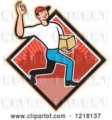 Vector Clip Art of Retro Cartoon Delivery Guy Gesturing Ok and Carrying a Package in a Red Urban Diamond by Patrimonio
