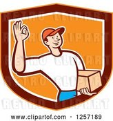 Vector Clip Art of Retro Cartoon Delivery Guy Gesturing Ok and Carrying a Parcel in an Orange Marroon and White Shield by Patrimonio