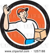 Vector Clip Art of Retro Cartoon Delivery Guy Gesturing Ok and Carrying a Parcel in an Orange White and Black Circle by Patrimonio