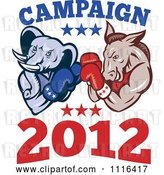 Vector Clip Art of Retro Cartoon Democratic Donkey and Republican Elephant Boxing with Campaign 2012 Text by Patrimonio